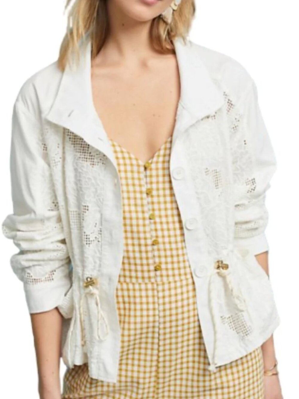 Anthropologie White Cotton Anorak Jacket Floral Eyelet Drawstring XS